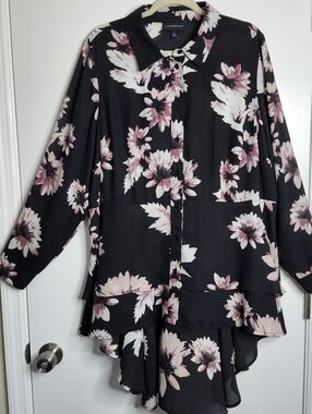 Lane Bryant Black Floral Tiered Tunic Top Womens 20 Chiffon Romantic Flowy